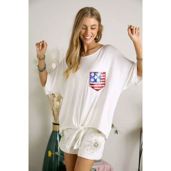 ADORA Sequin US Flag Pocket Half Sleeves Front Tie Detail Tunic Top | Off White - Picture 3 of 5